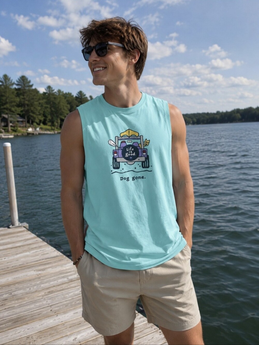 Life Is Good men’s sleeveless graphic tank top in aqua/turquoise.